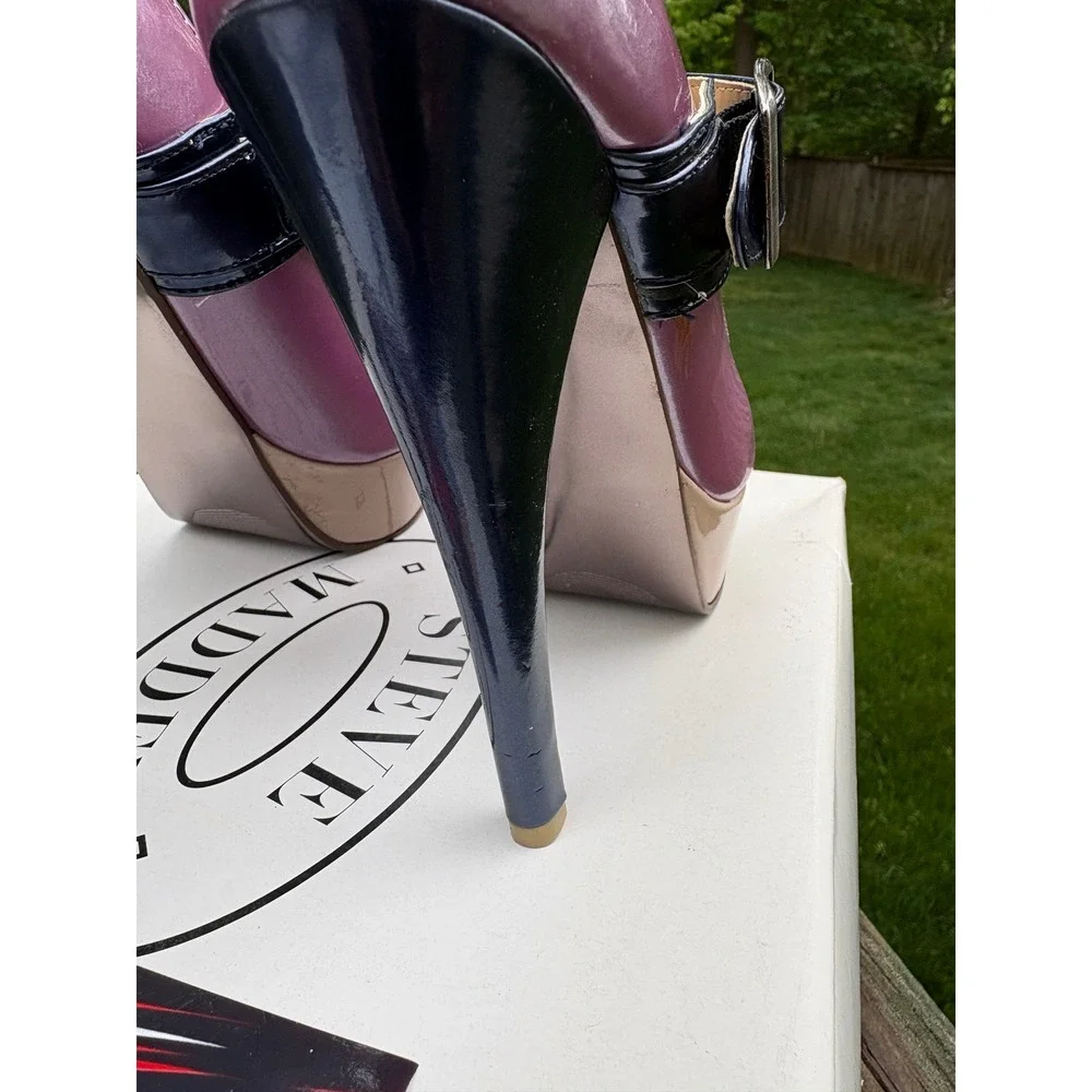 Steve Madden Saassi Lavender Metallic Peep Toe Platform Mary Jane Heels Navy 7